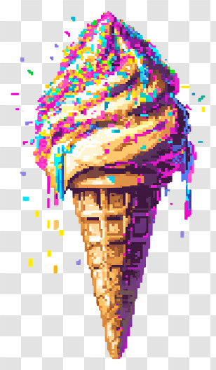 Melting Ice Cream - Colorful Pixel Art Ice Cream Cone Transparent PNG