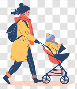 Woman Pushing Stroller - Woman Pushing Baby Stroller In Outdoor Setting Transparent PNG