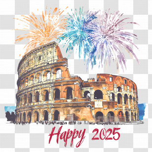 Happy 2025 - Colosseum With Fireworks For New Year 2025 Transparent PNG