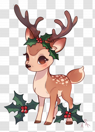 Christmas Deer - Cute Reindeer Illustration With Holly For Christmas Transparent PNG