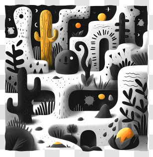 Abstract Background - Surreal Black And White Desert Scene With Cacti Transparent PNG