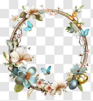 Easter Frame - Beautiful Floral Wreath With Butterflies Transparent PNG