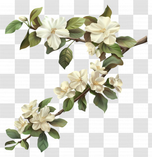 Cream Flowers - Branch Decorated With White Blooming Flowers Transparent PNG