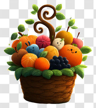 Fruit Basket Cartoon - Fruit Basket With Smiling Fruits Transparent PNG