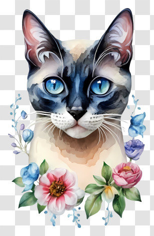 Blue Eyed Cat - Watercolor Cat Portrait With Flowers Transparent PNG