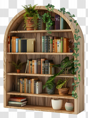 Bookcase - Wooden Bookshelf With Indoor Plants Transparent PNG