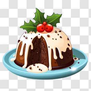 Chocolate Cake - Christmas Pudding Decorated With Holly And Cream Transparent PNG