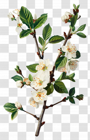 Vintage Flowers - Flowering Tree Branch With White Blooms Transparent PNG