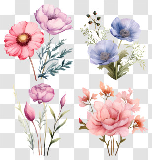 Watercolor Paintings - Assorted Watercolor Flowers In Pink And Blue Transparent PNG