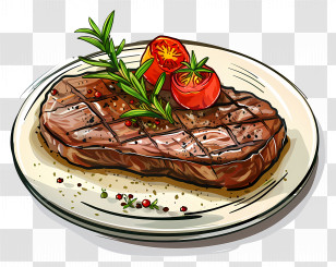 Steak - Grilled Steak Illustration With Tomatoes And Garnish Transparent PNG
