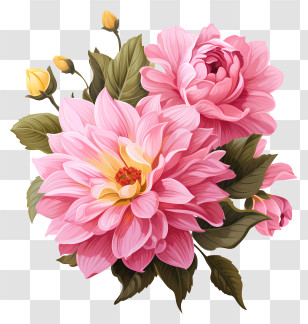 Hand Drawn Pink Flower - Pink Dahlia Flowers With Green Leaves Transparent PNG