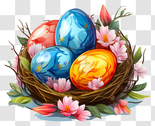 Easter Egg - Colorful Easter Eggs In Decorative Nest With Flowers Transparent PNG