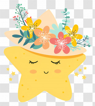 Kawaii Star - Yellow Star With Floral Hat Transparent PNG