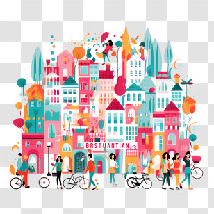 World Urbanism Day - Vibrant Illustrated City With People And Bicycles Transparent PNG