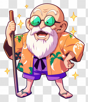 Master Roshi - Funny Elderly Cartoon Man In Tropical Outfit With A Staff Transparent PNG
