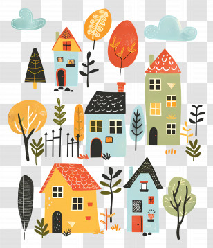 Countryside Houses - Cartoon Houses With Autumn Trees Transparent PNG