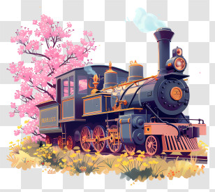 Spring Field - Vintage Steam Train With Cherry Blossom Background Transparent PNG