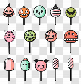 Halloween Lollipop - Colorful Cartoon Candy Sticks With Fun Faces Transparent PNG