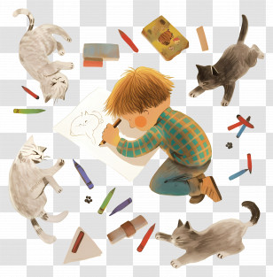Boy Drawing With Crayons - Boy Drawing With Cats Illustration Transparent PNG