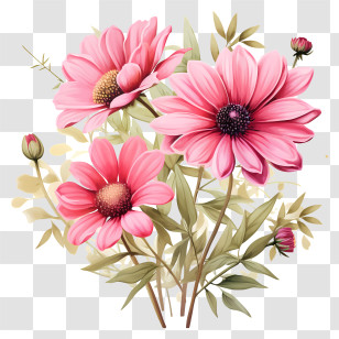 Hand Drawn Pink Flower - Pink Daisies With Greenery In Bloom Transparent PNG