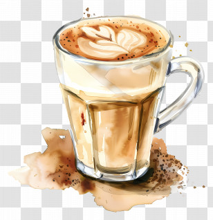 Latte Coffee - Watercolor Coffee Latte Illustration With Latte Art Transparent PNG