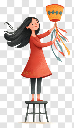 Woman Hanging Paper Lantern - Girl Holding Ribboned Lantern On Stool Transparent PNG