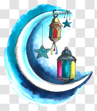 Islamic Lunar Calendar - Crescent Moon With Colorful Lanterns For Eid Transparent PNG
