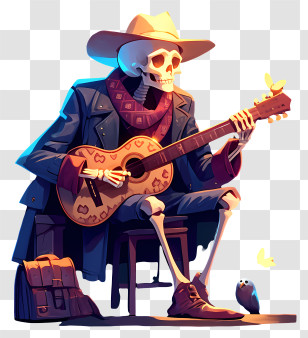 Skeleton Playing A Guitar - Skeleton Guitarist In Cowboy Hat Transparent PNG