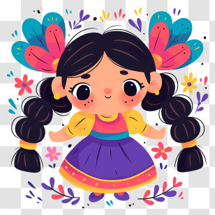 Mexican Doll - Cute Girl With Braids And Flowers Transparent PNG