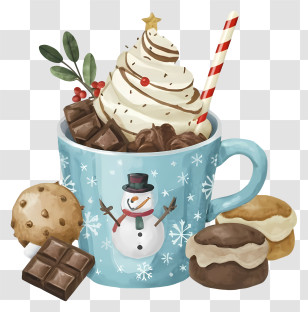 Snowman Cup - Festive Blue Mug With Snowman Design And Treats Transparent PNG