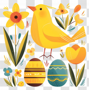 Easter Background - Yellow Bird With Spring Flowers And Eggs Transparent PNG