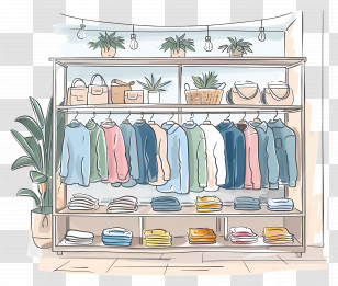 Garment Store Interior - Clothing Rack With Garments Illustration Transparent PNG