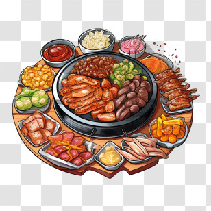 Doodle Korean Food
 - Grilled Barbecue Platter With Side Dishes Transparent PNG