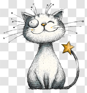 Hand Drawn Doodle Cat - Whimsical Cat With Star Transparent PNG