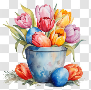 Watercolor Painting - Colorful Tulips With Easter Eggs In A Bucket Transparent PNG