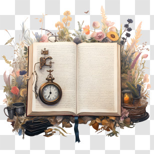 Dear Diary Day - Open Book With Clock And Flowers Transparent PNG