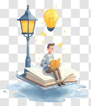 Reading And Knowledge - Boy Reading On Giant Book Under Lamp Transparent PNG
