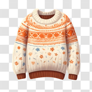 Christmas Sweater - White And Orange Knitted Sweater With Floral Pattern Transparent PNG
