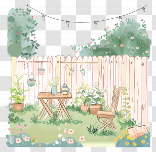 Summer Backyard - Pastel Garden Scene With Fence And Chairs Transparent PNG