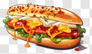 Hot Dog - Colorful Hotdog With Cheese And Vegetables Transparent PNG
