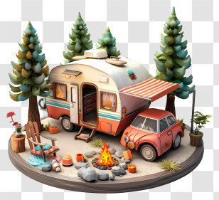 Camping - Cute Camper With Car And Campfire Transparent PNG