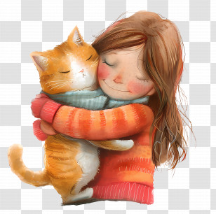 National Hug Your Cat Day - Girl Hugging An Orange Cat Illustration Transparent PNG