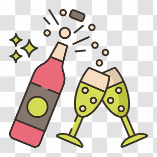 Champagne Cheers - Red Wine Bottle With Glasses Clinking Illustration Transparent PNG