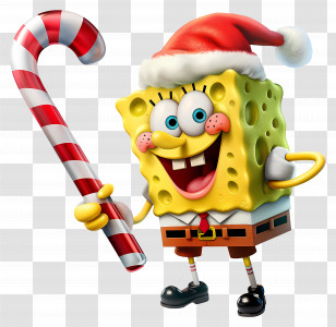 Spongebob Squarepants Christmas - Cartoon Character With Santa Hat And Candy Cane Transparent PNG
