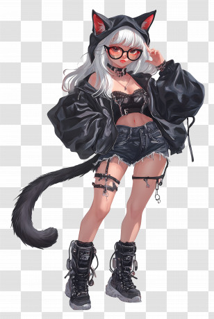 Cat Girl - Cat Girl In Black Outfit With Glasses Transparent PNG