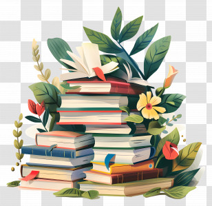 Animated Books - Stack Of Books Decorated With Colorful Flowers Transparent PNG