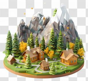 Mountain Cabin - 3D Modeled Mountain Village With Forest Transparent PNG