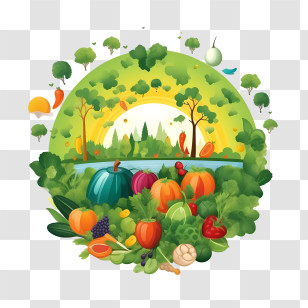 World Vegetarian Day - Nature Illustration Featuring Fruits, Vegetables, And Scenic Forest Transparent PNG