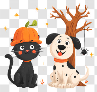 Halloween Dog Cat - Black Cat And Spotted Dog With Pumpkin Hat Transparent PNG