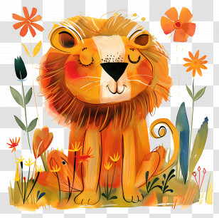 Lion - Cute Cartoon Lion In A Floral Setting Transparent PNG